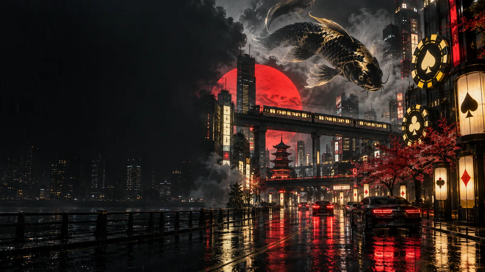 Black and gold koi above a rain-lit Tokyo skyline and red sun